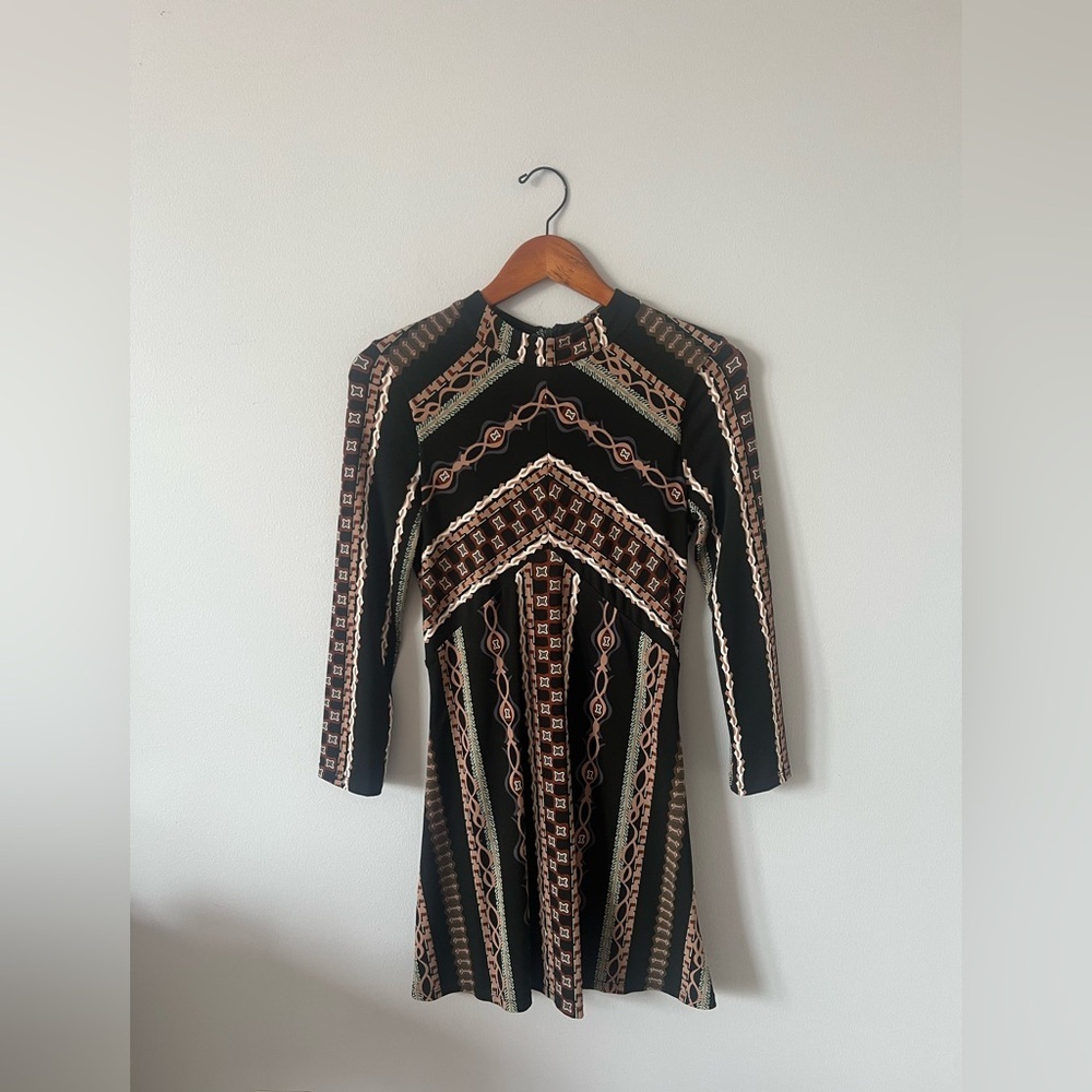 Free People Black Dress with Brown and Cream Geometric Print